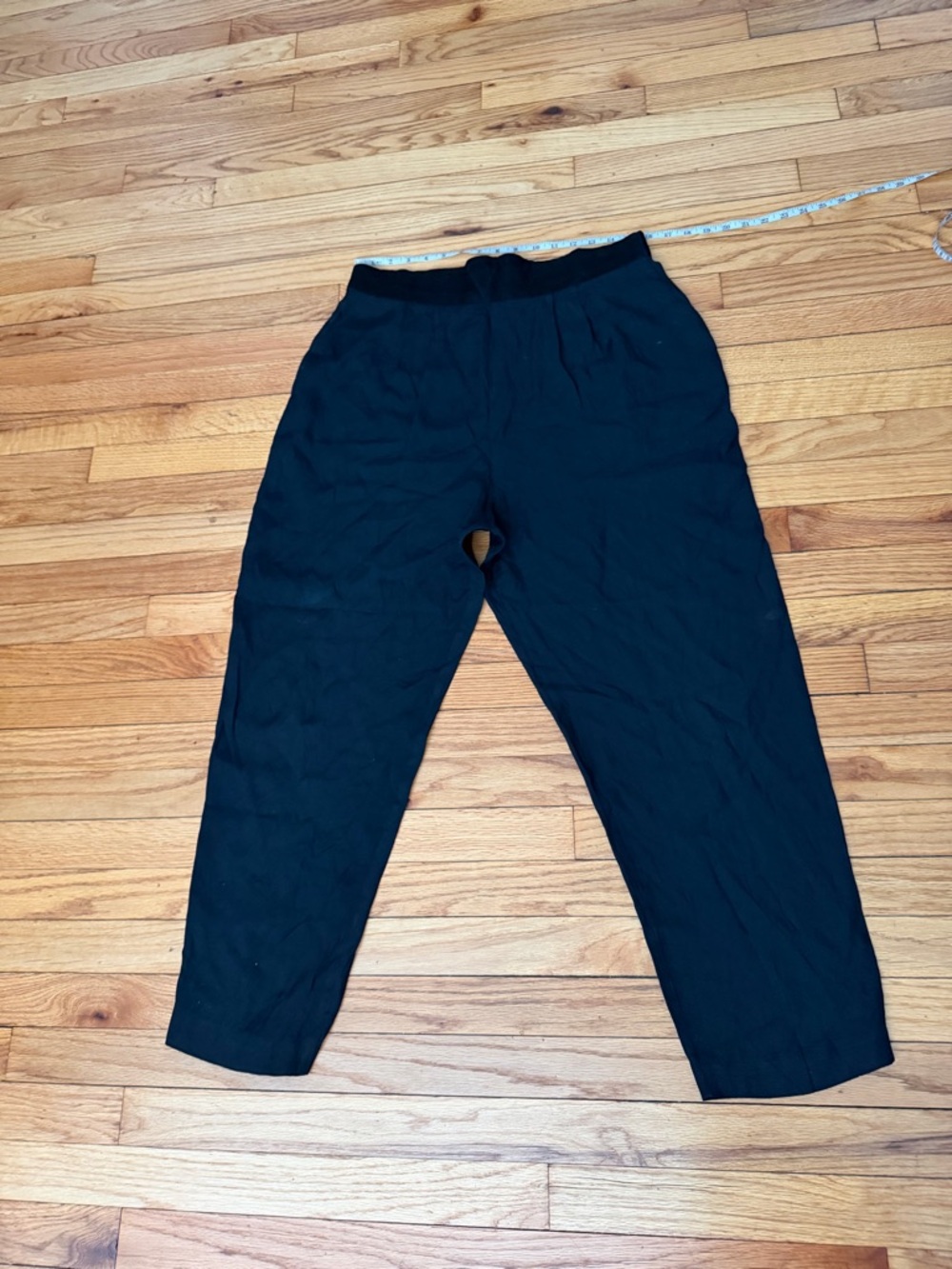 Vintage Black High-Waist Tapered pleated elastic waist back pants satin trim 12